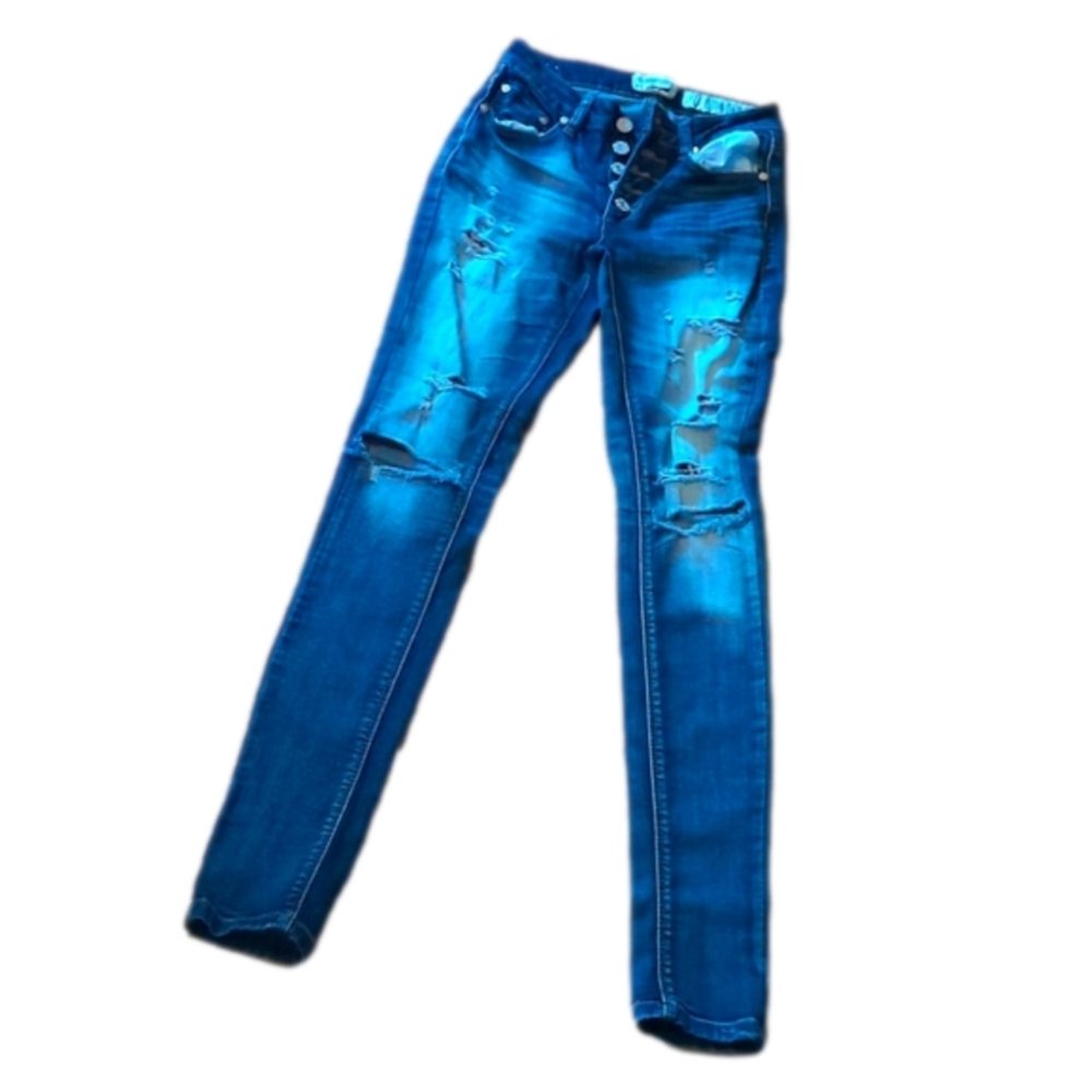 Distressed button. Fly size zero indigo rain ankle skinny jeans. - Picture 1 of 3
